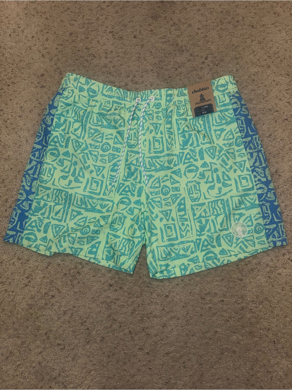 chubbies Mint Green Swim Trunks with Aqua Geometric Panels